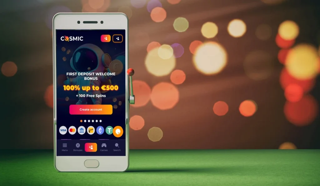 Mobile version of cosmicslot casino on the mobile phone, homepage