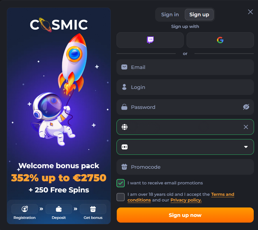 registration form on cosmicslot site promocodes